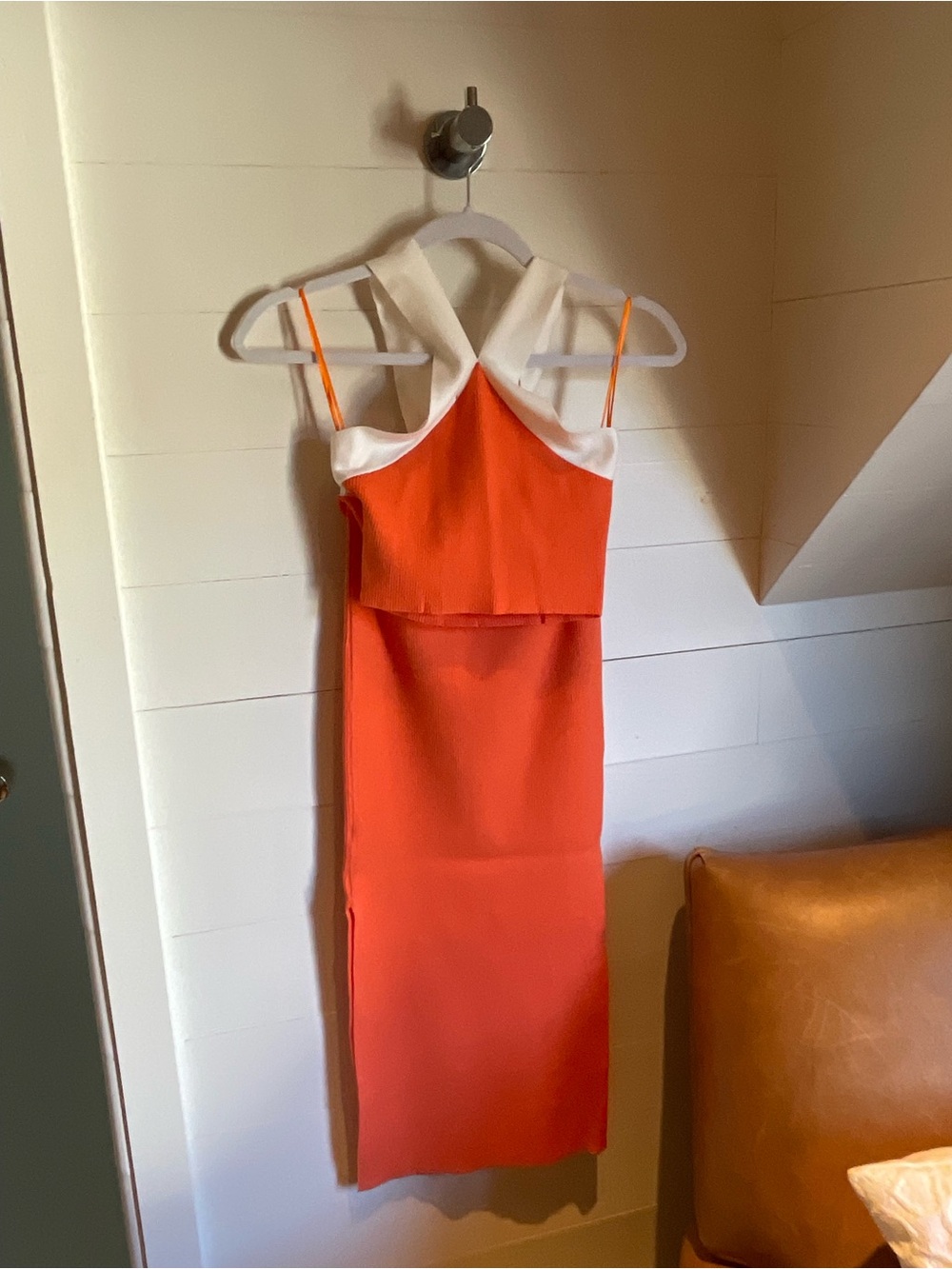 Orange Midi Two Piece Dress with White Collar and Spaghetti Straps by